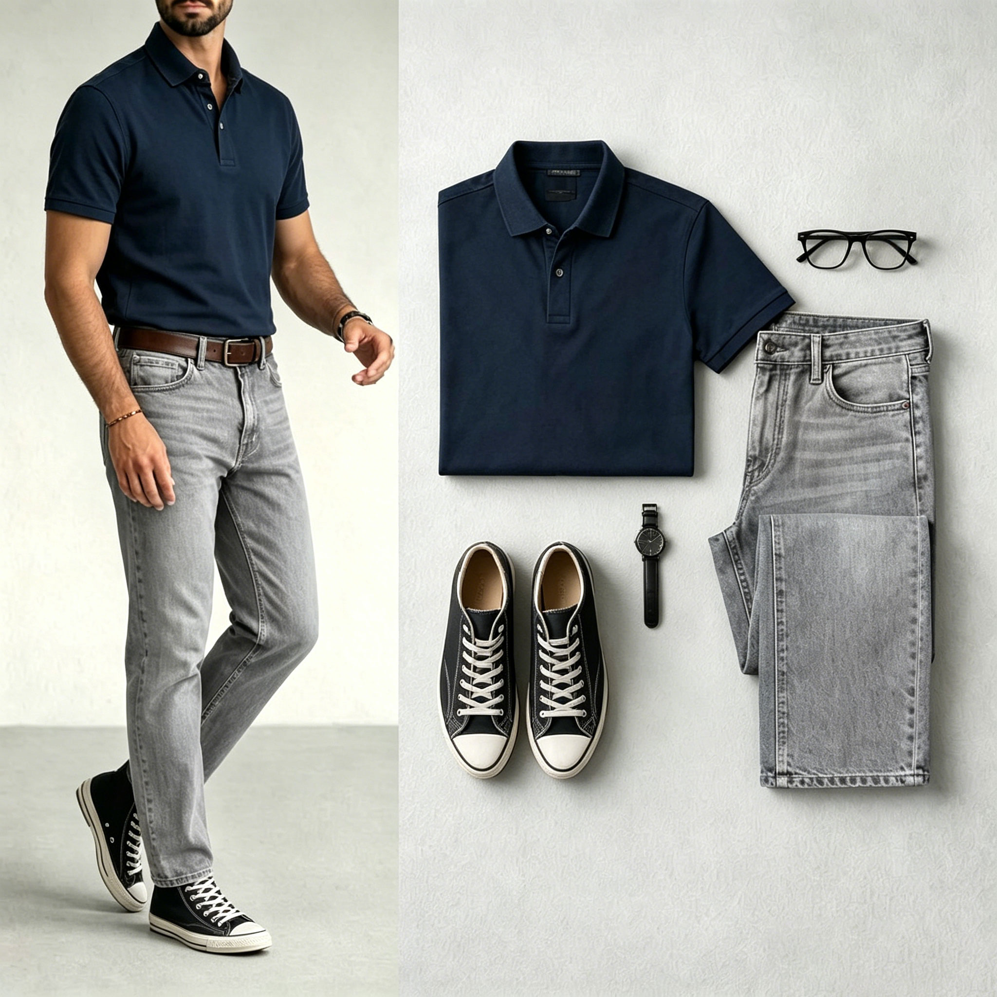 Men's Ginger Navy Blue & Gray Color Matching Retro Style Short Sleeves Polo Shirt & Jeans Two-Piece Set