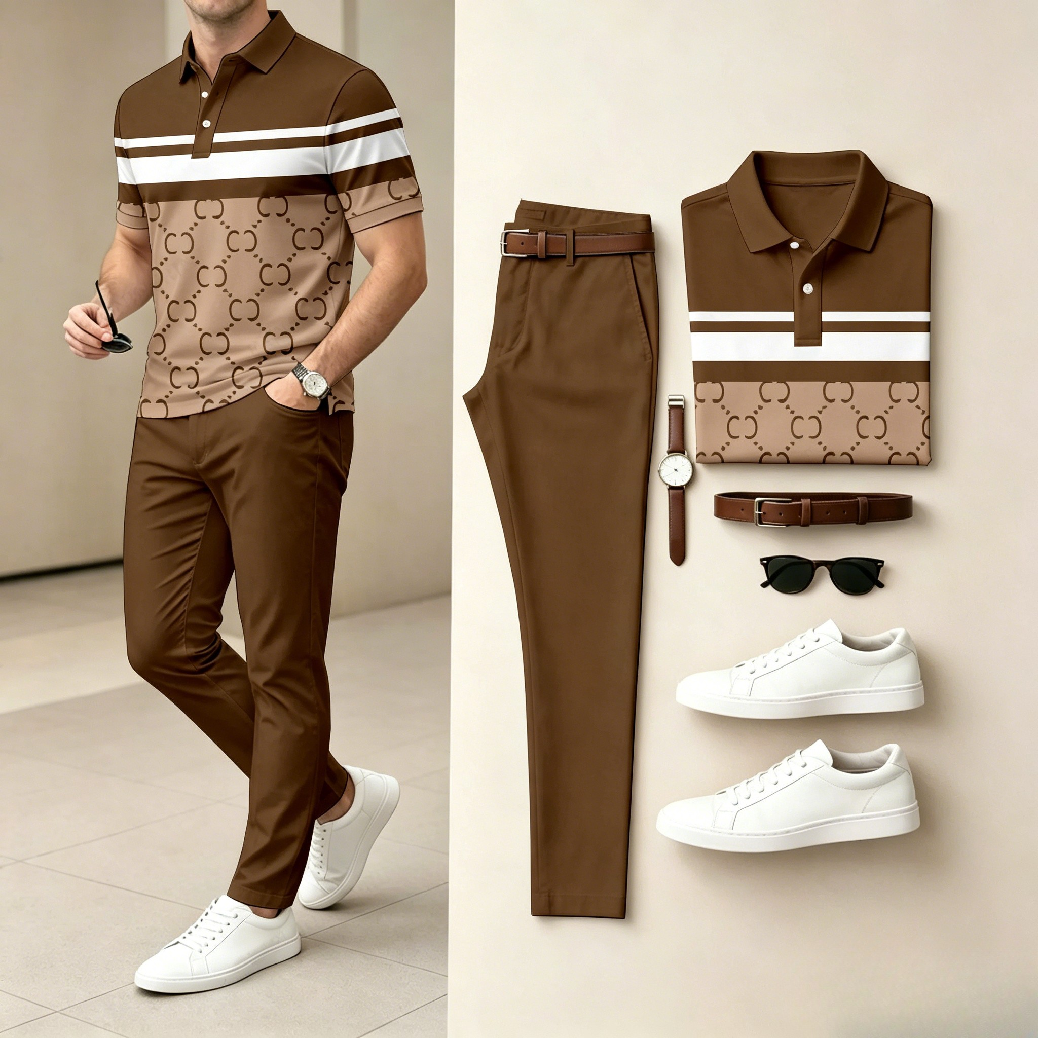Men's Casual Brown Plaid Printed Polo Shirt And Pants Two-Piece Set