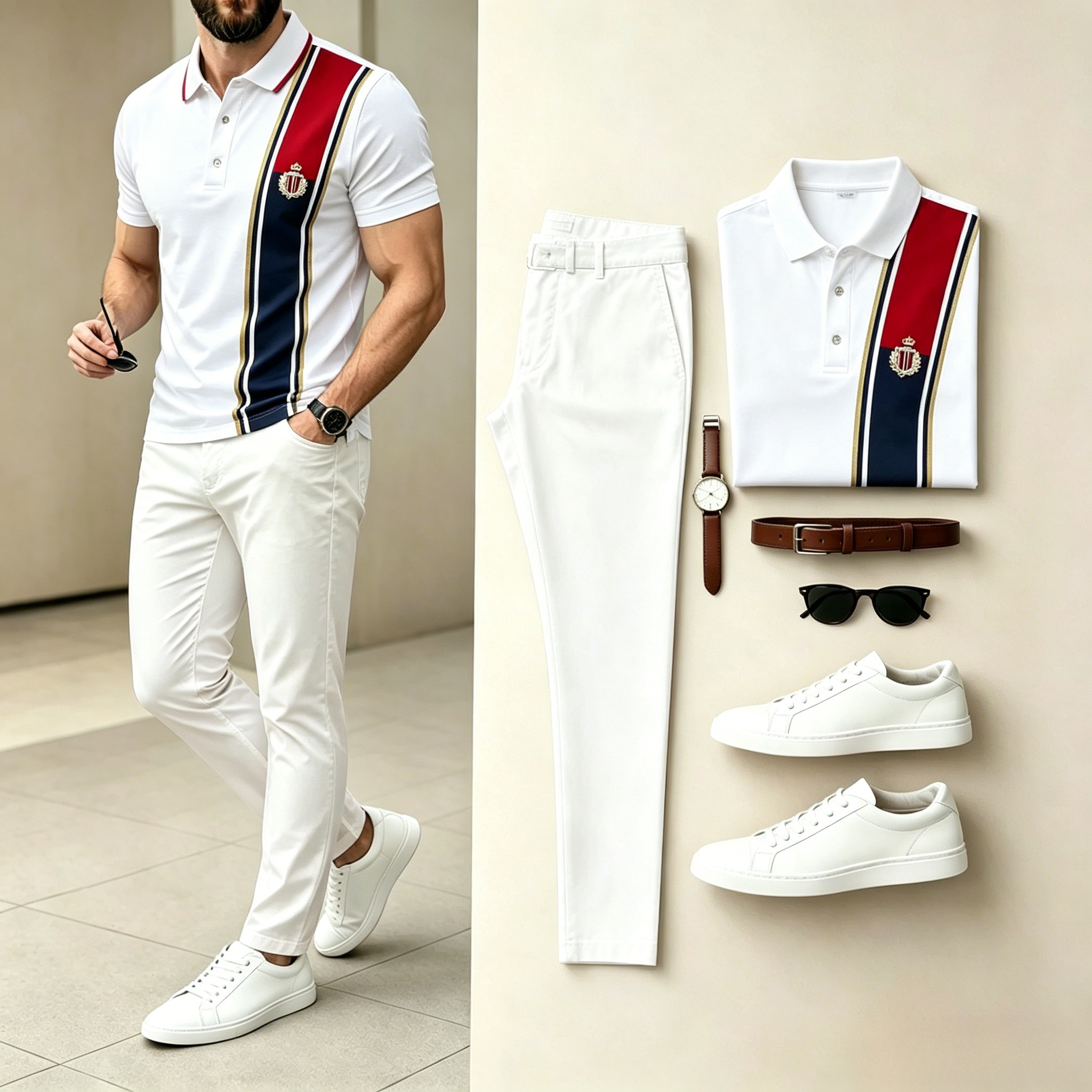 Men's Casual White Stripe Badge Polo Shirt & Long Pants Two-Piece Set