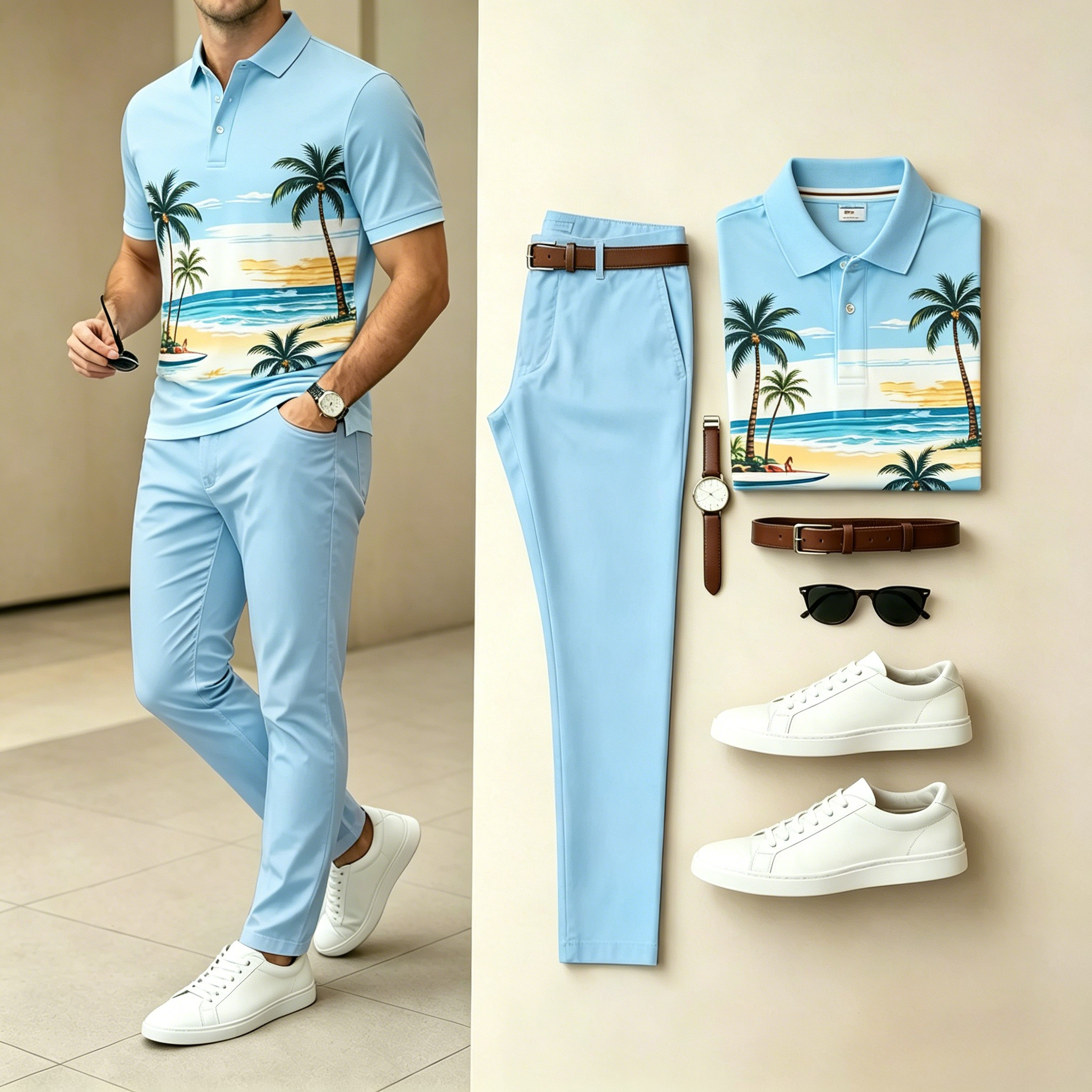Men's Casual Light Blue Coconut Tree Print Polo Shirt & Long Pants Two-Piece Set