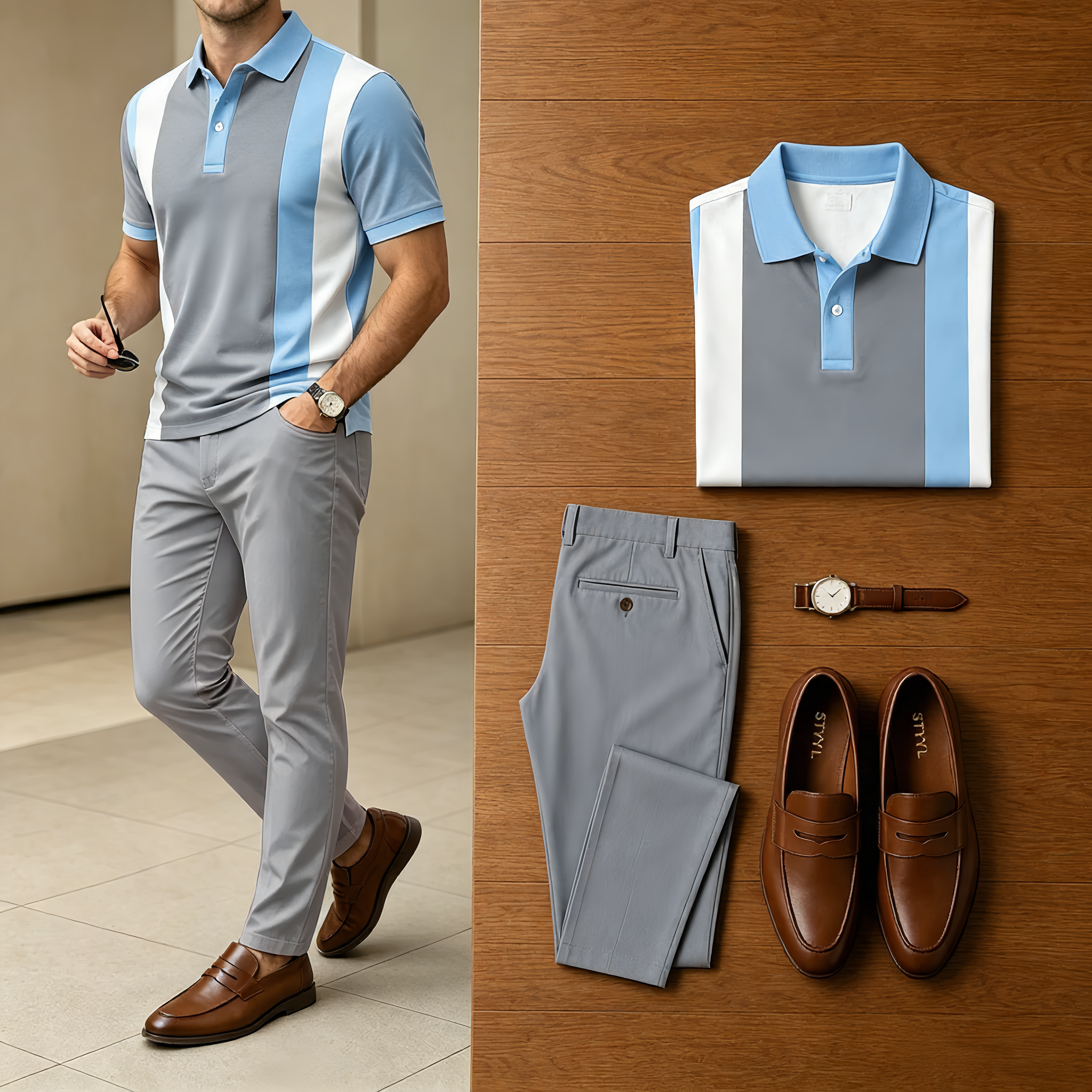  Men's Casual Vertical Color Block Polo Shirt And Pants Two-Piece Set