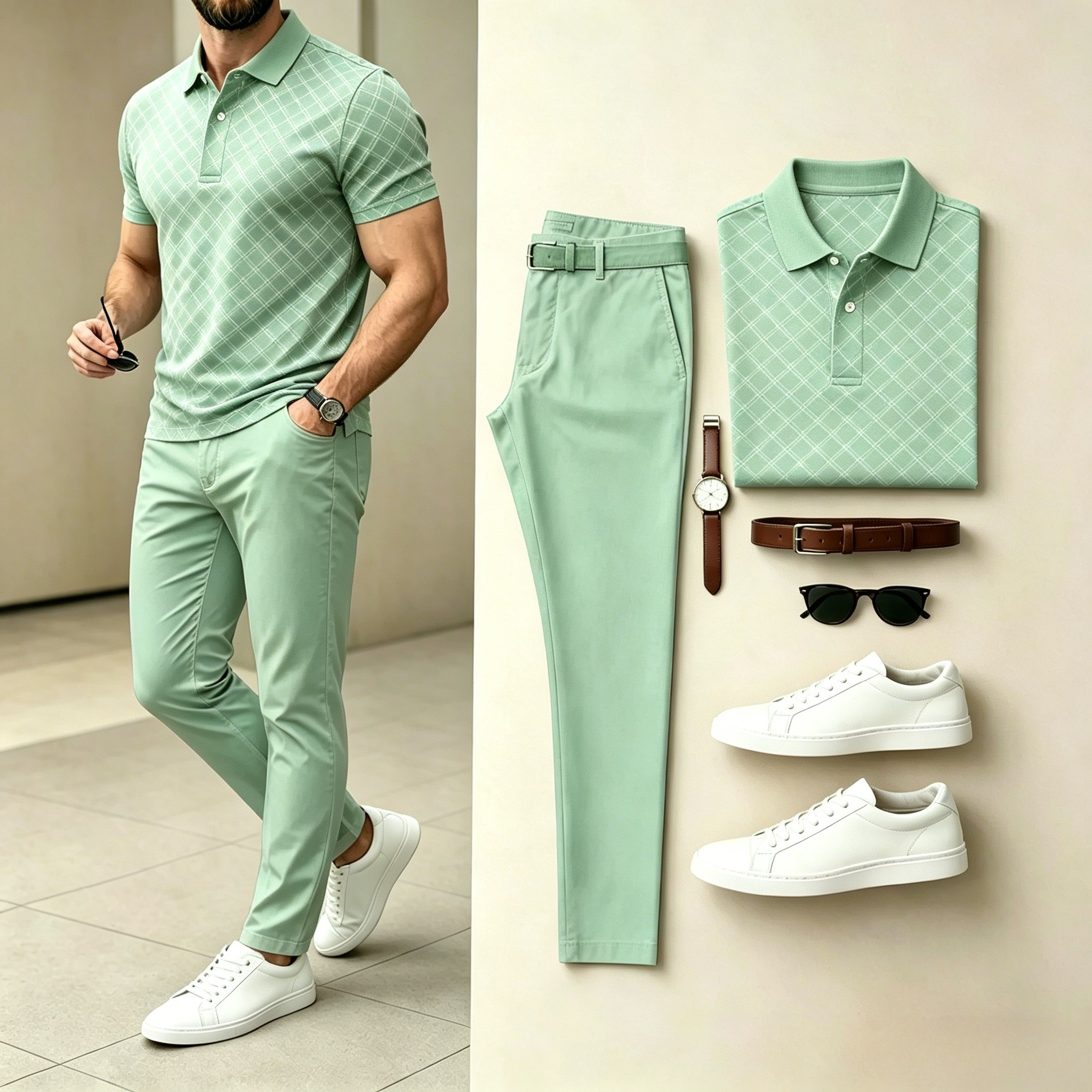 Men's Casual Light Green Grid Texture Polo Shirt & Long Pants Two-Piece Set