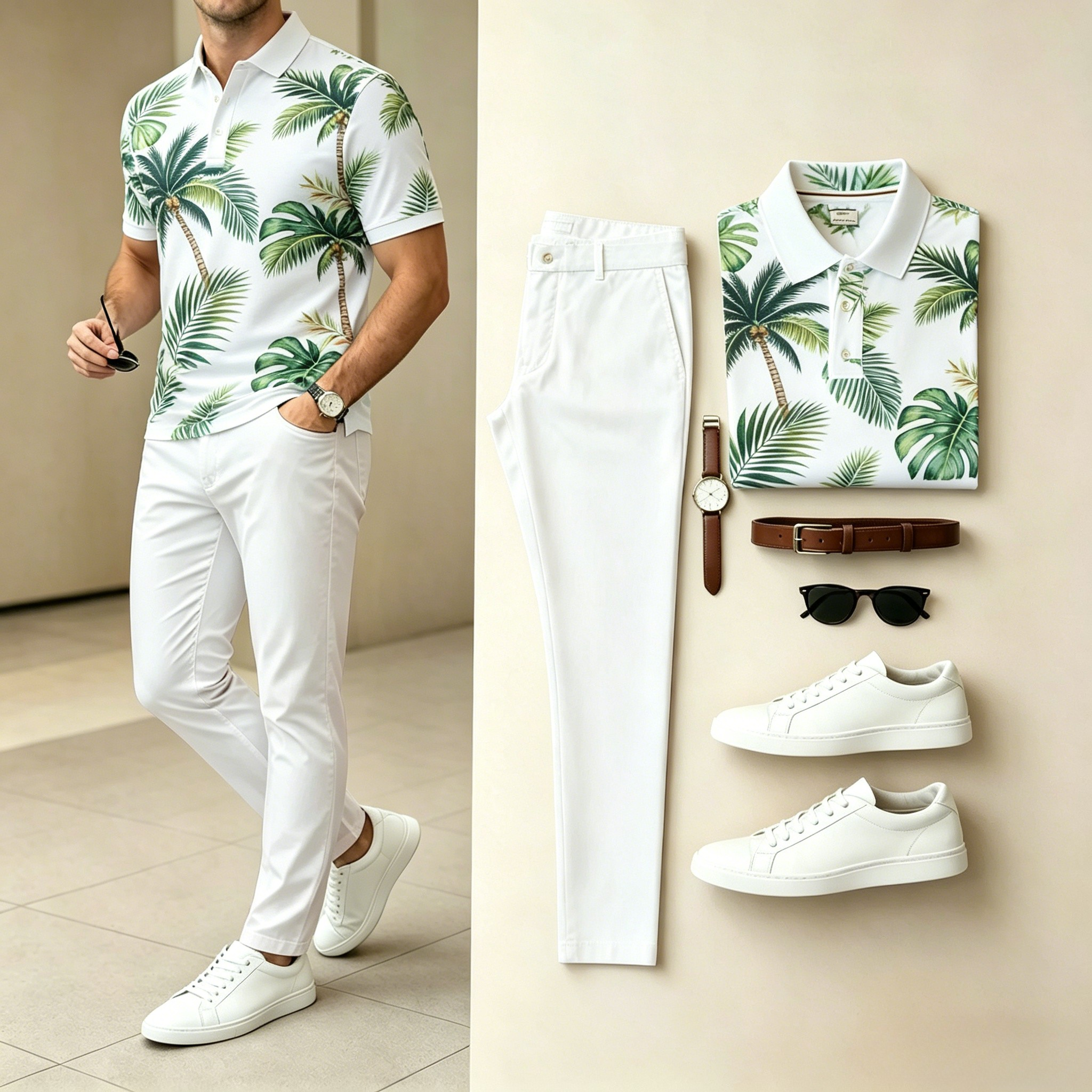 Men's Casual White Tropical Palm Leaf Print Polo Shirt & Long Pants Two-Piece Set