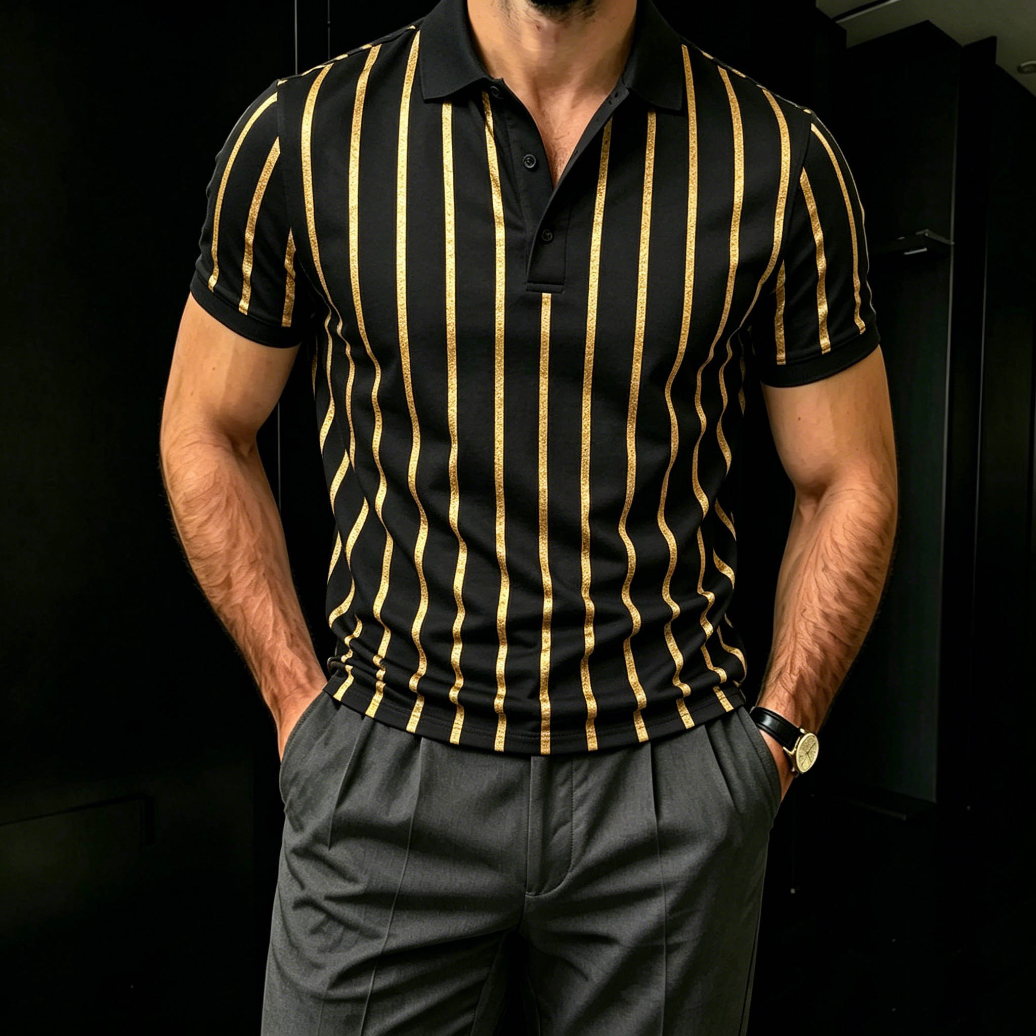 Men's Casual Black & Gold Color Matching Striped Printed Short Sleeves Polo Shirt