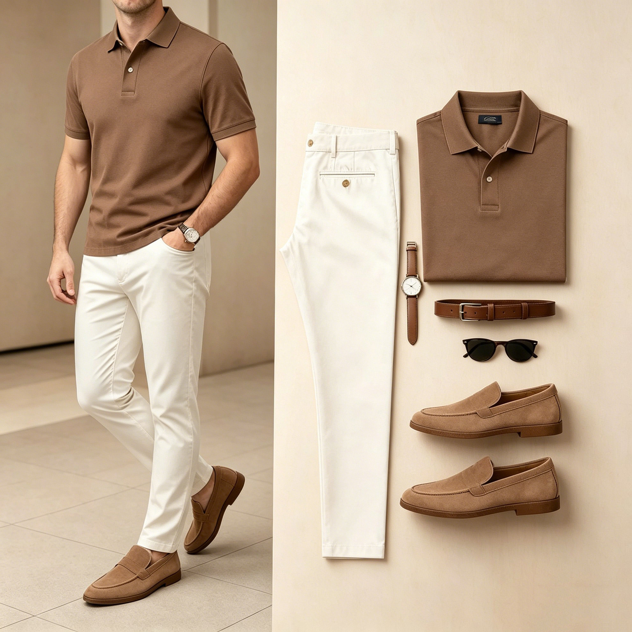 Men's Casual Color Matching Printed Polo-Collar Short Sleeved Trousers Two-Piece Set 15