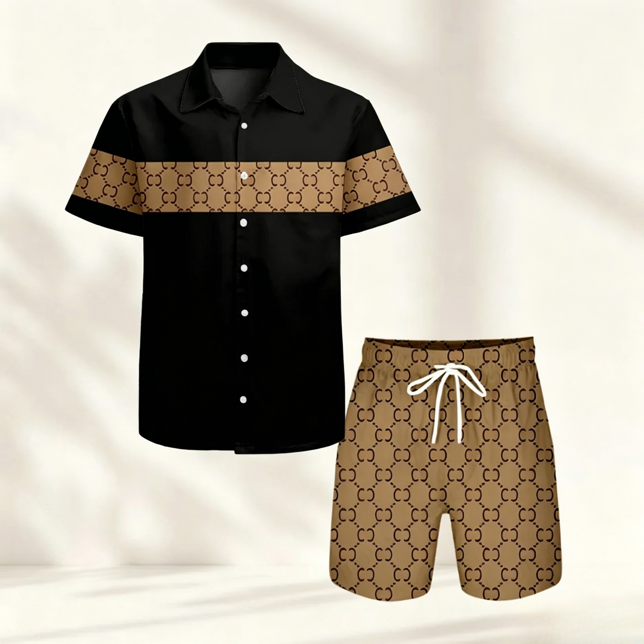 Men's Black And Brown Match Short-Sleeved Shirt And Shorts Two-Piece Set (Excluding Bag, Belt, Sunglasses And Accessories)