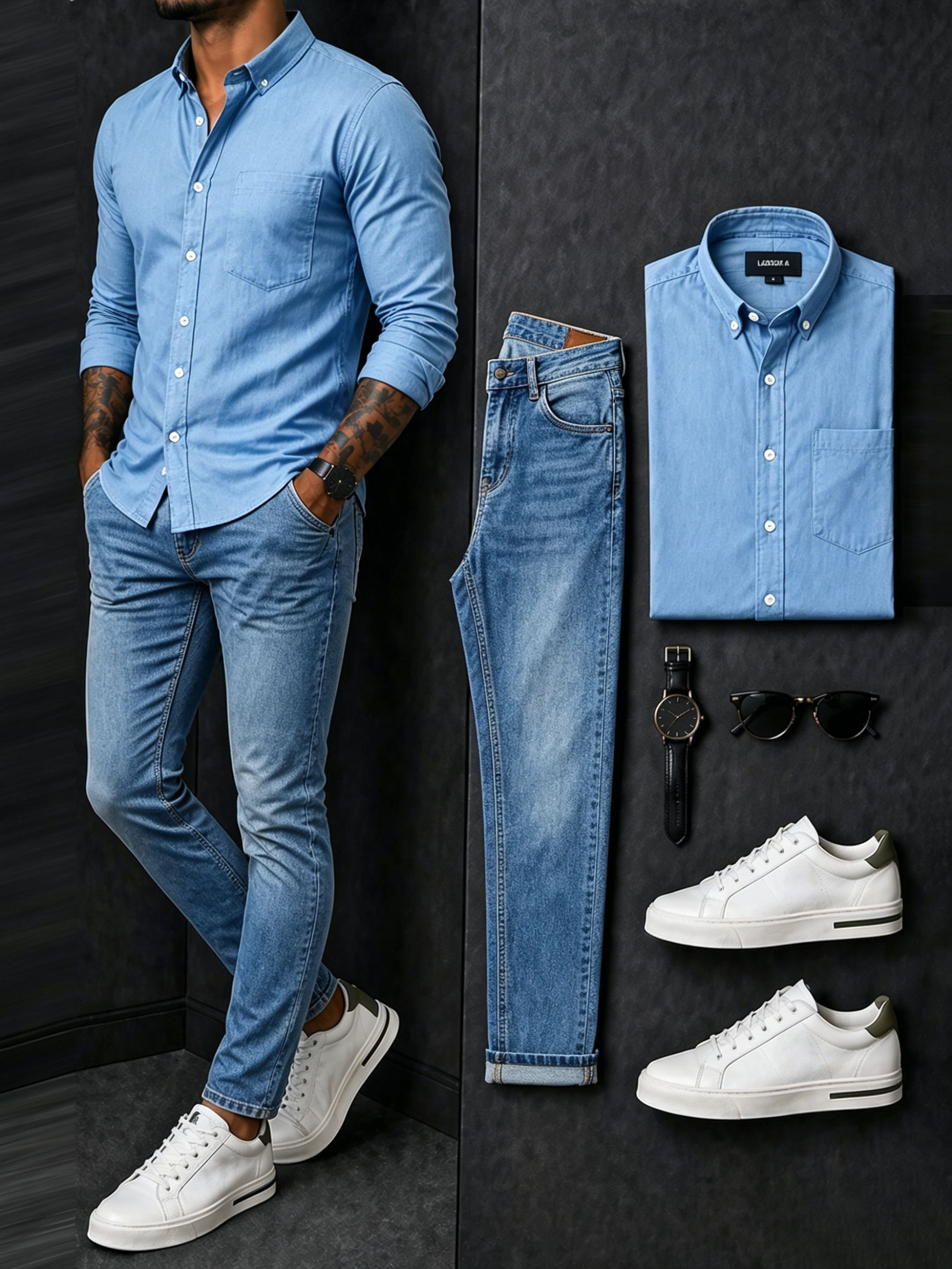 Men's Navy Blue & Denim Color Matching Long-Sleeve Shirt & Trousers Two-Piece Set