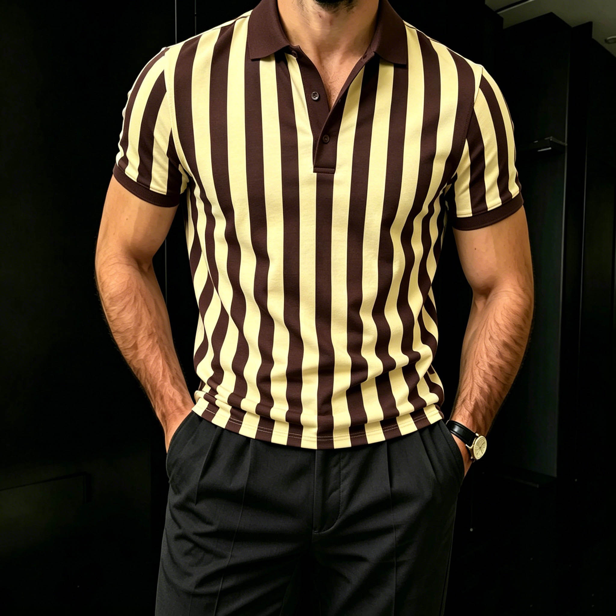 Men's Casual Coffee & Yellow Color Matching Striped Printed Short Sleeves Polo Shirt