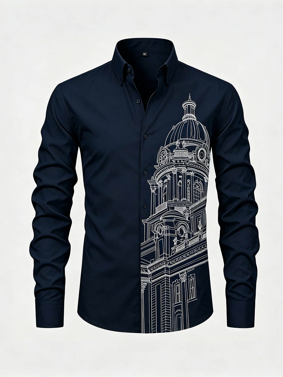 Men's Navy Striped Printed Long Sleeve Shirt