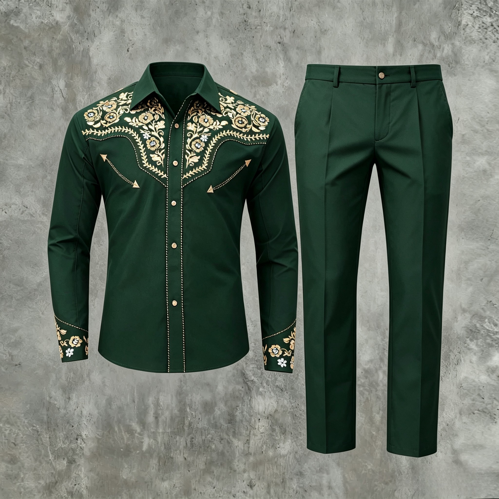 Men's Casual Western Floral Embroidered Long Sleeve Shirt & Dark Green Suit Pants Two-Piece Set