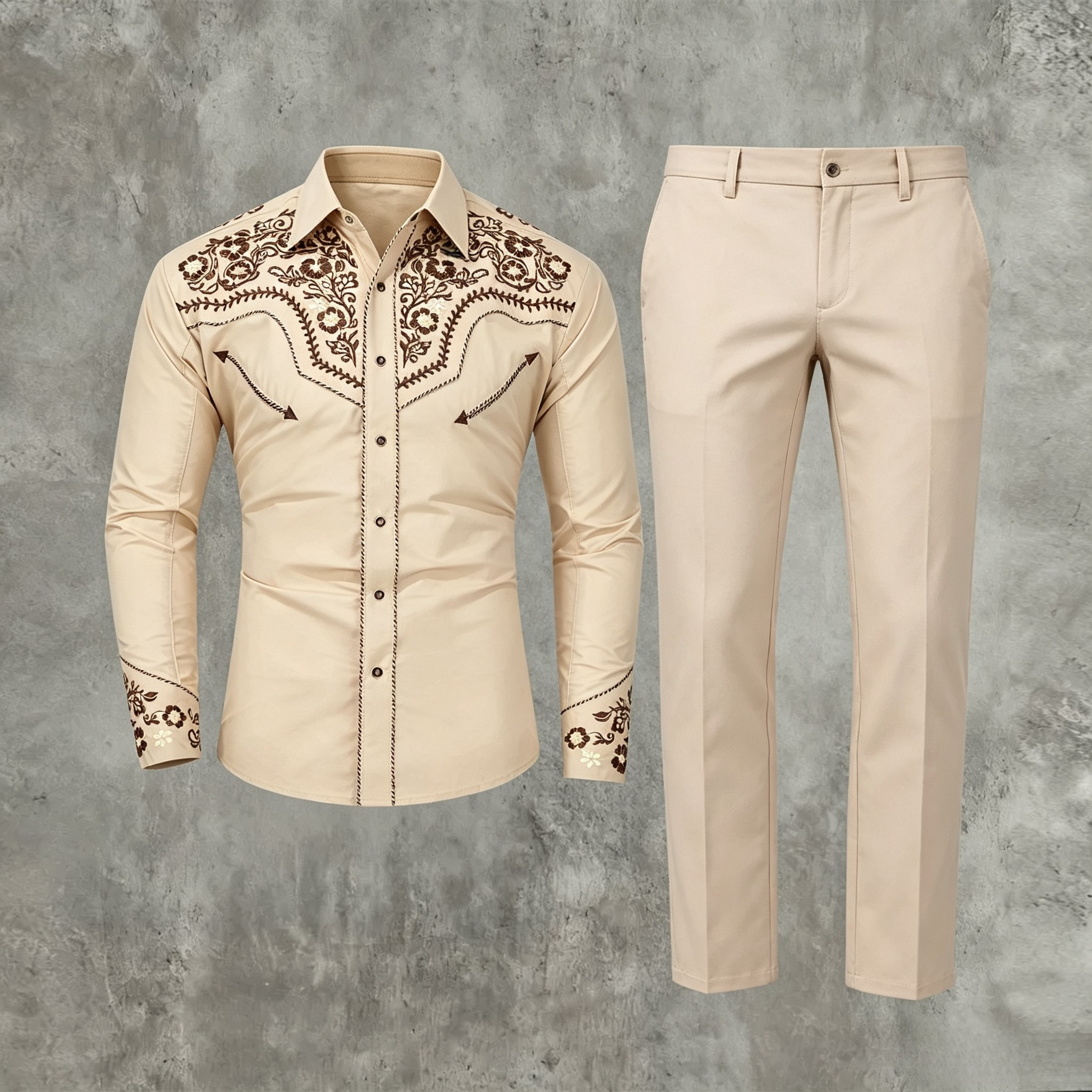 en's Casual Vintage Floral Embroidered Long Sleeve Shirt & Khaki Suit Pants Two-Piece Set