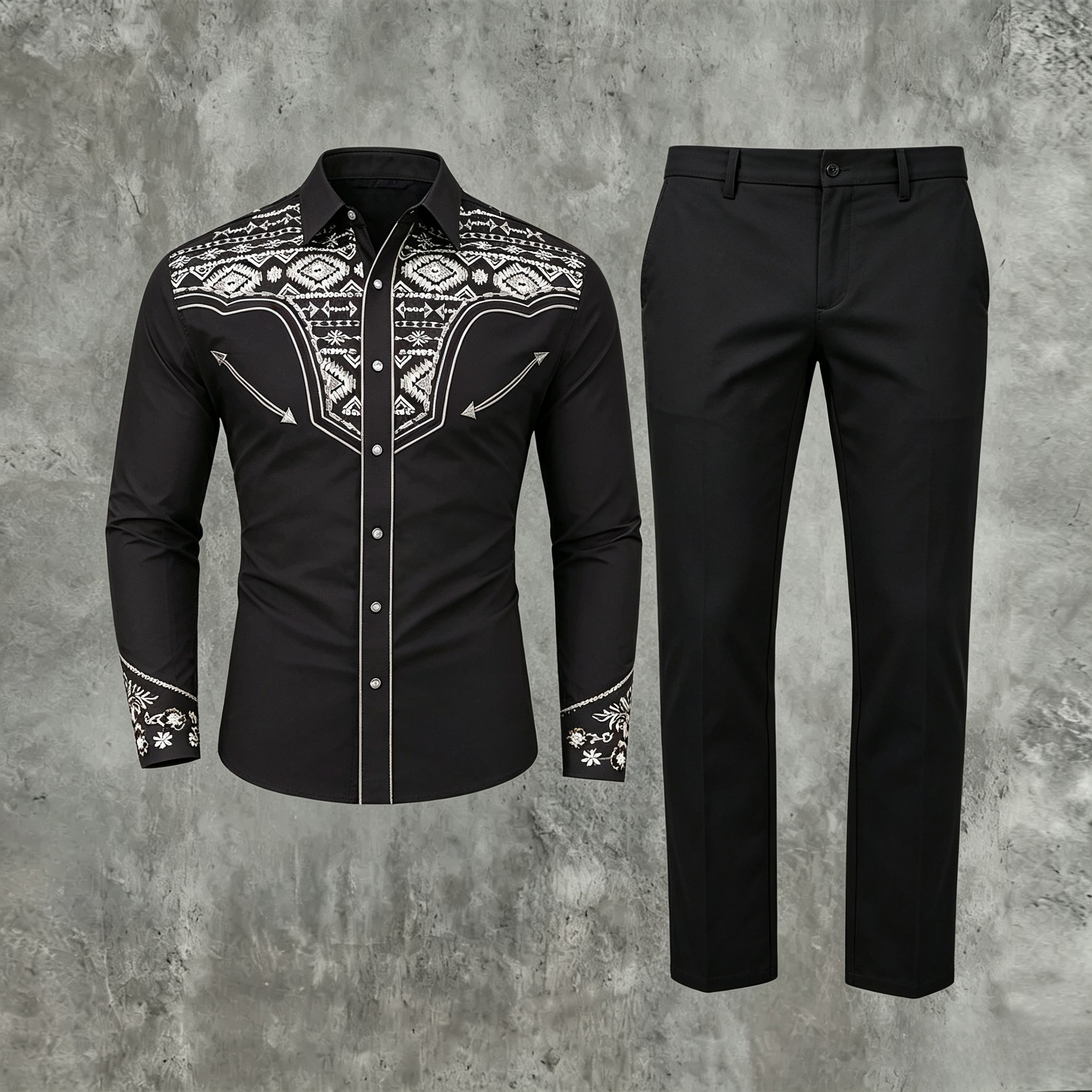 Men's Casual Aztec Geometric Embroidered Long Sleeve Shirt & Black Suit Pants Two-Piece Set