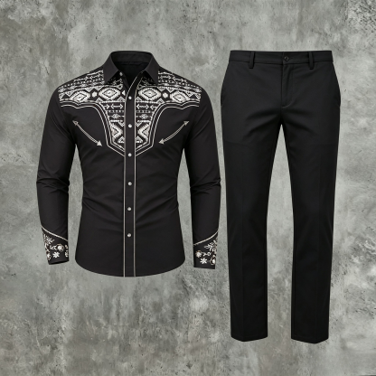 Men's Casual Aztec Geometric Embroidered Long Sleeve Shirt & Black Suit Pants Two-Piece Set
