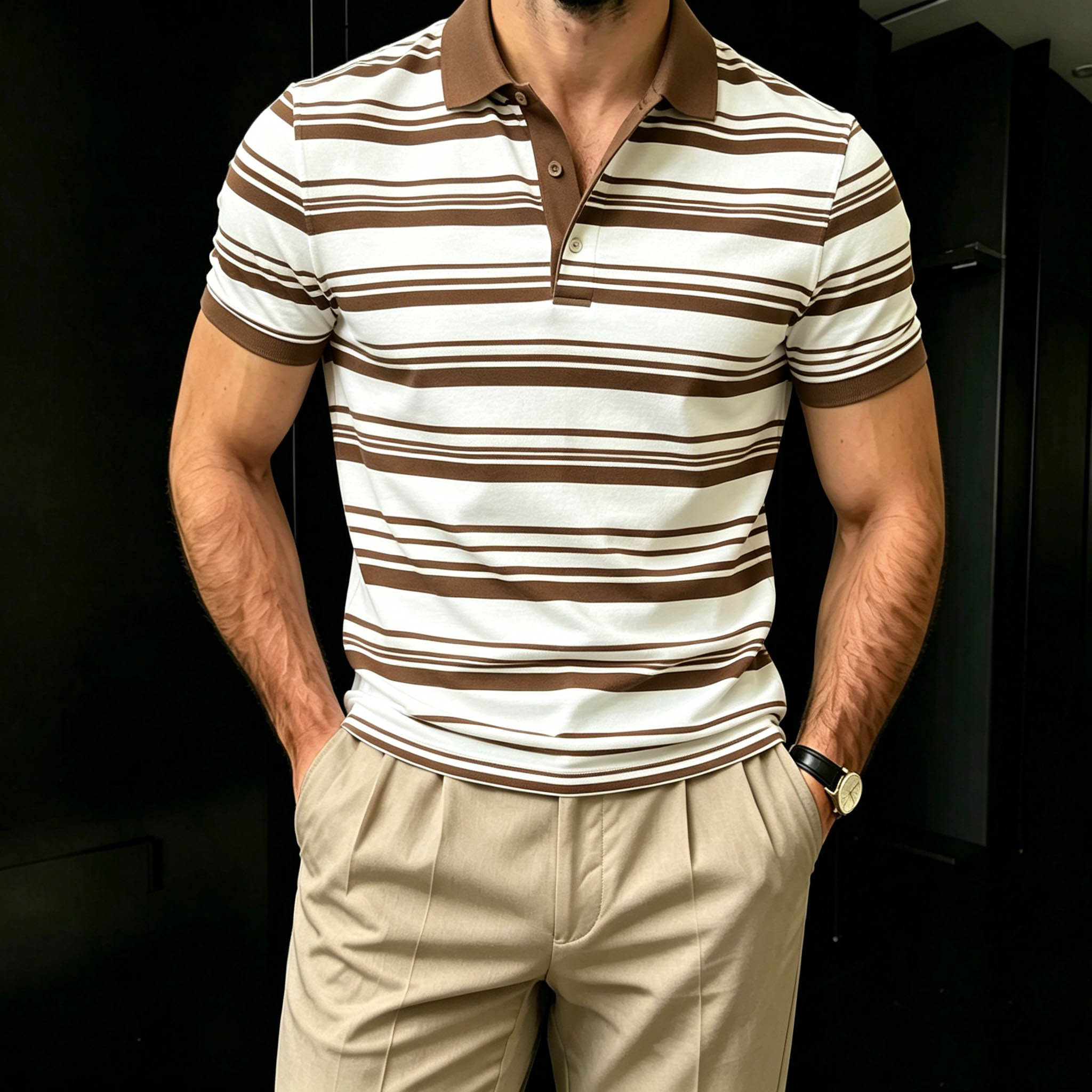 Men's Casual Coffee & White Color Matching Striped Printed Short Sleeves Polo Shirt