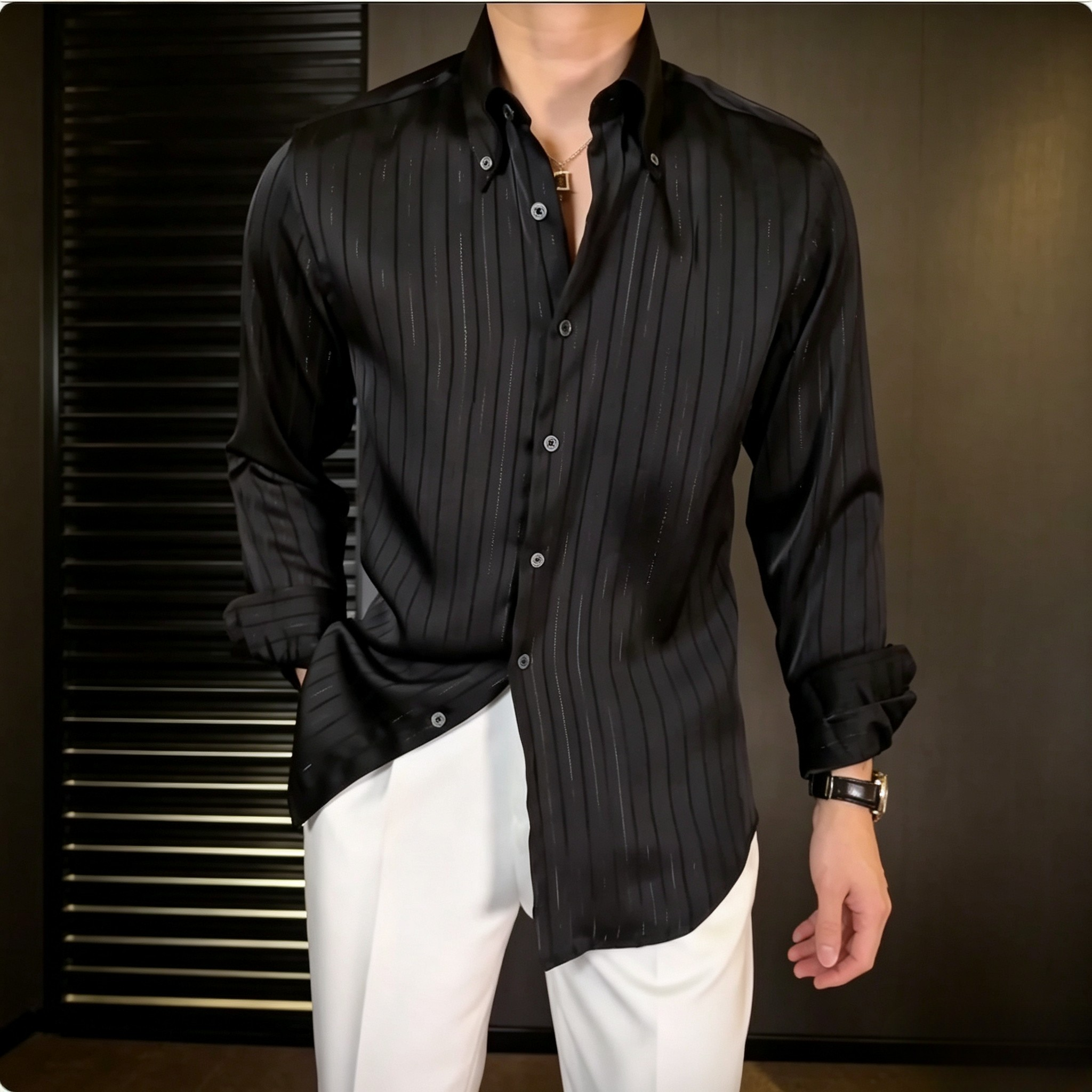 Men's Satin Vertical Striped Long Sleeve Button Down Shirt