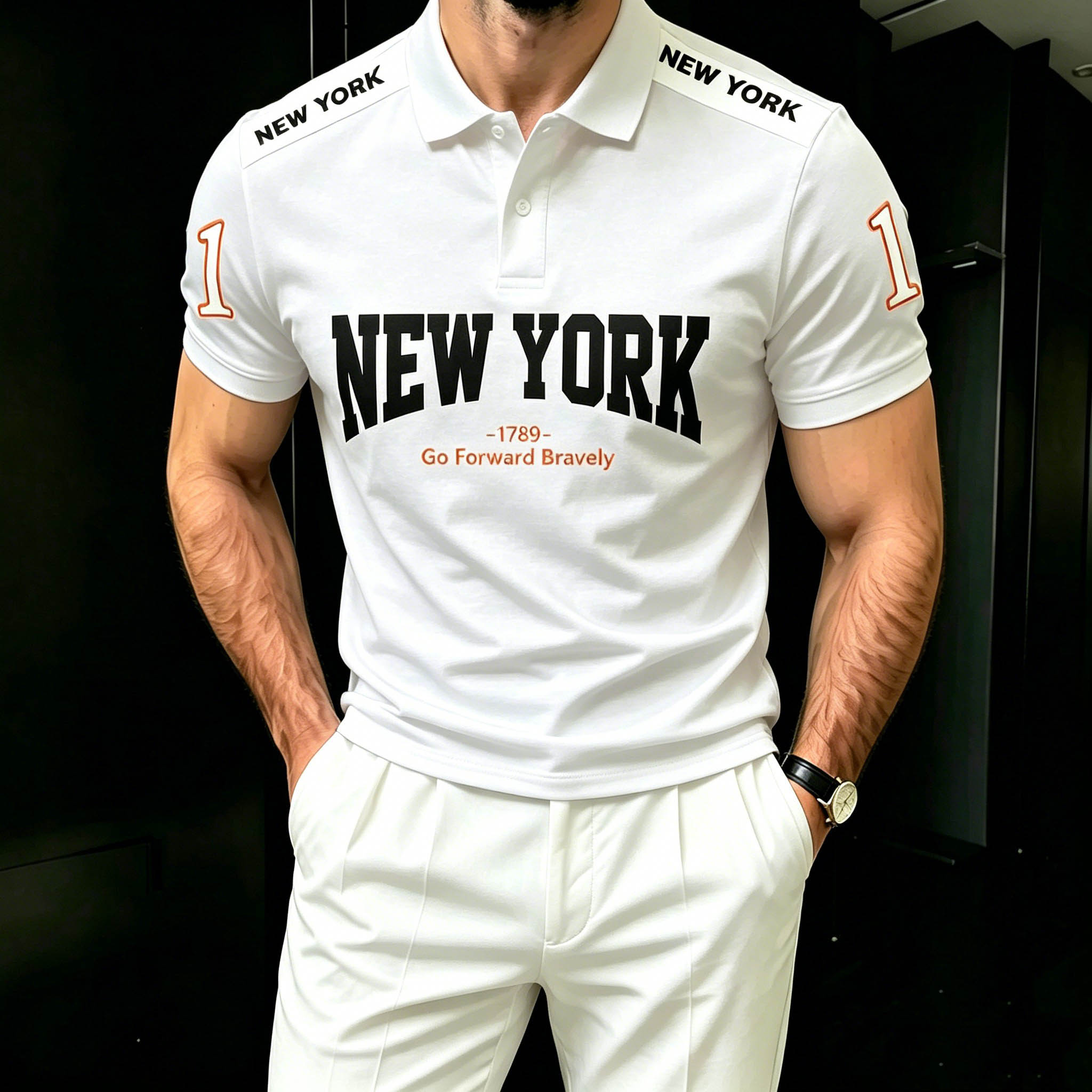 Men's Casual Black & White Color Matching "NEW YORK" Printed Short Sleeves Polo Shirt