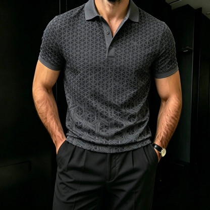 Men's Casual Dark Gray Geometric Printed Short Sleeves Polo Shirt