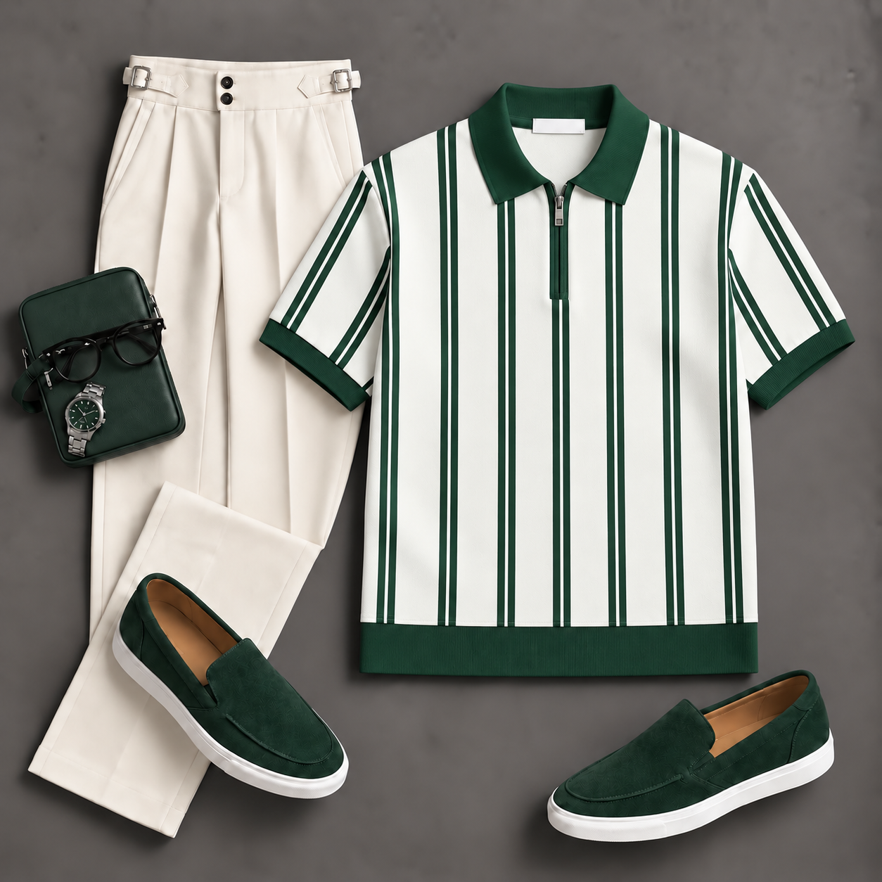 Men's Short Sleeves Knit Polo Shirt & Chino Pants Two-Piece Set