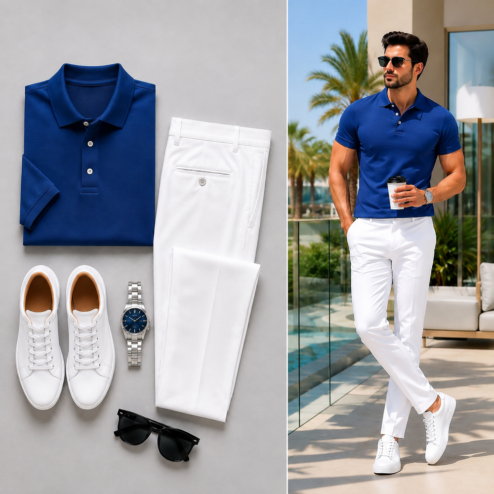 Men's Casual Burgundy Solid Polo Shirt And White Pants Two-Piece Set