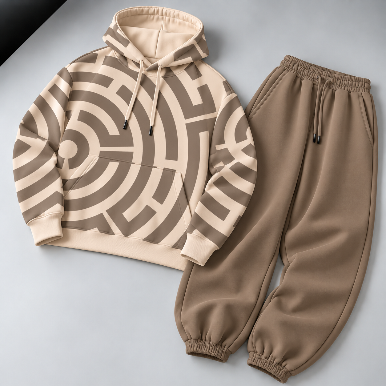 Men's Beige Geometric Maze Print Hoodie & Jogger Pants Two-Piece Set
