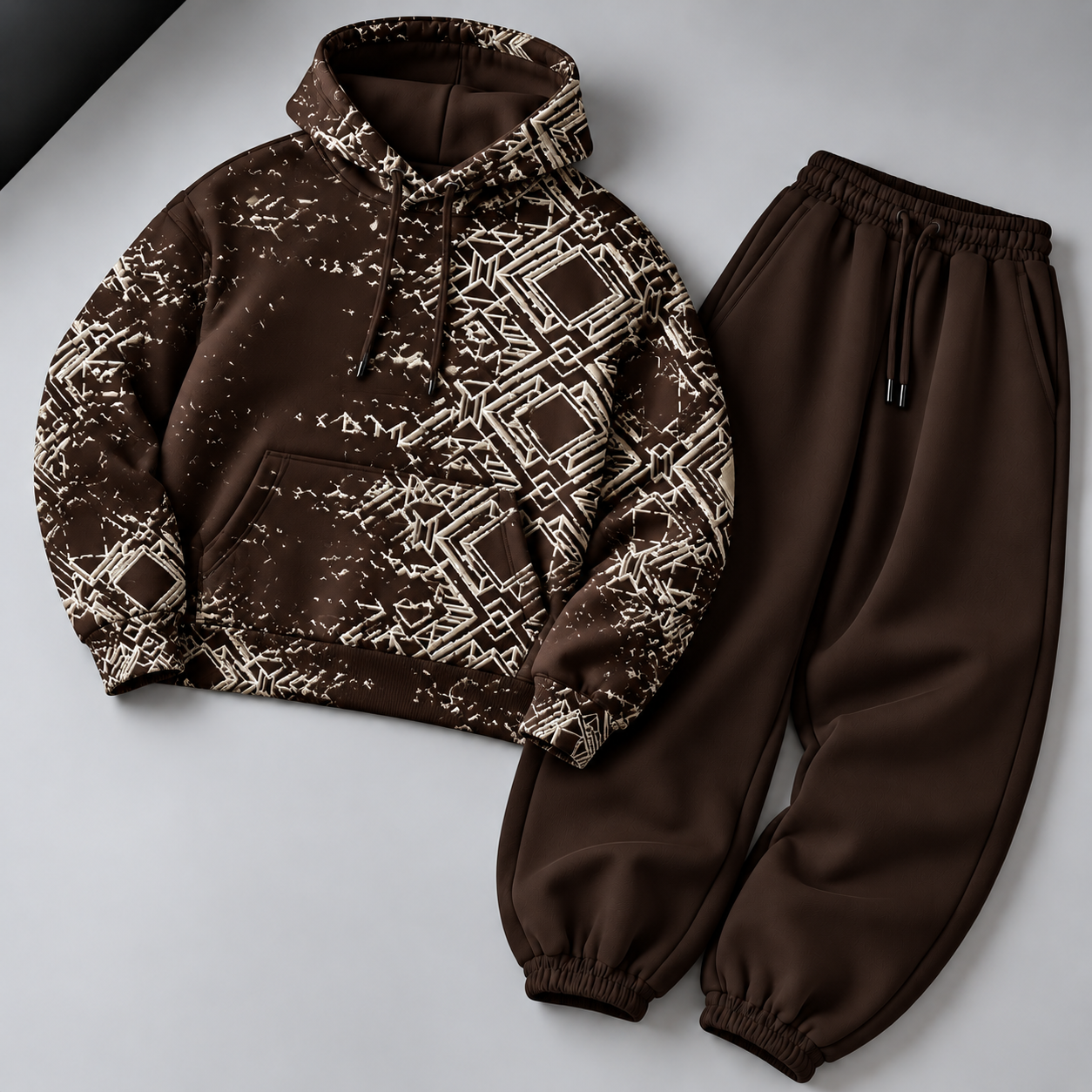 Men's Brown Abstract Geometric Print Hoodie & Jogger Pants Two-Piece Set