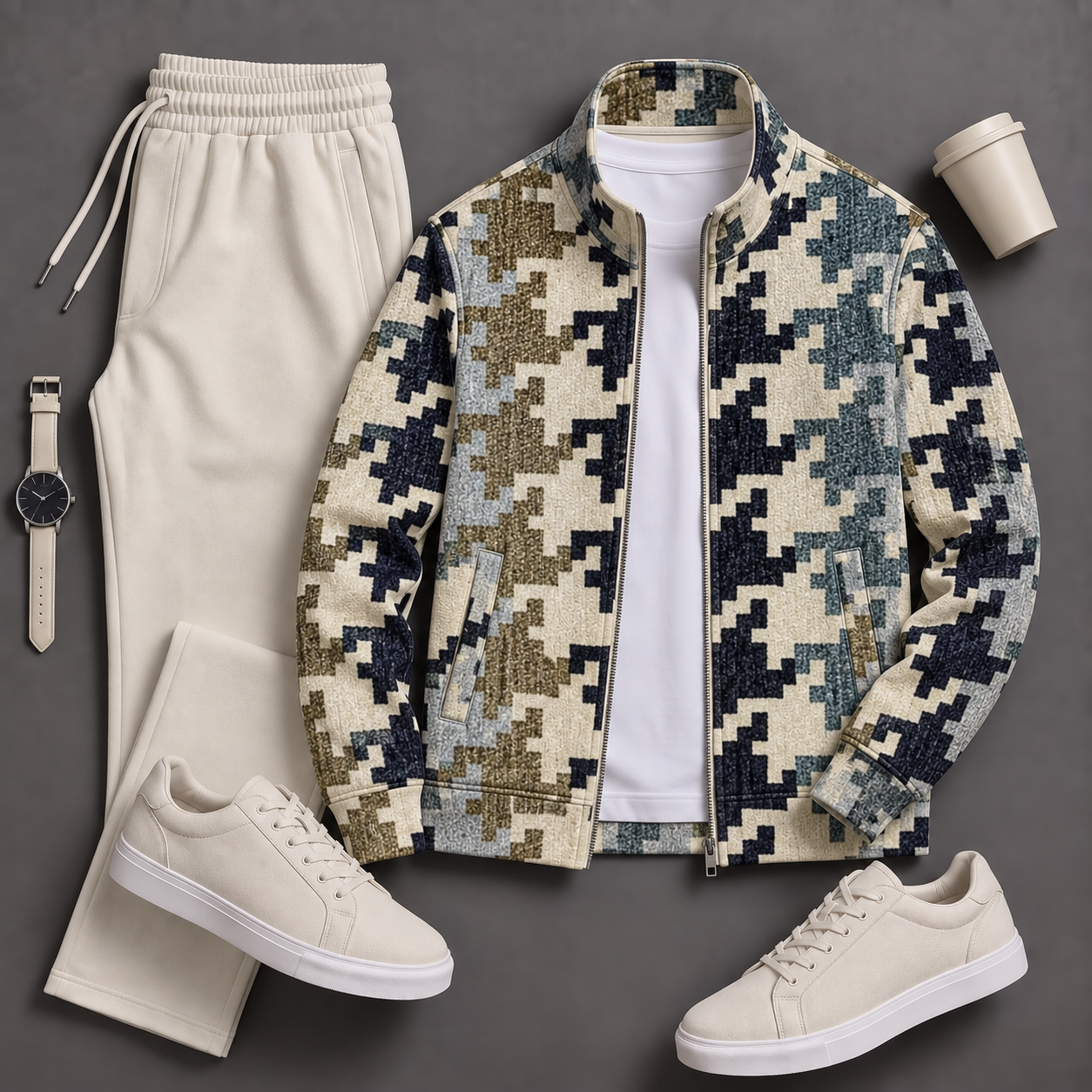 Men's Causal Stand Collar Apricot Art Checkered Pattern Jacket & Pants Two-Piece Sets