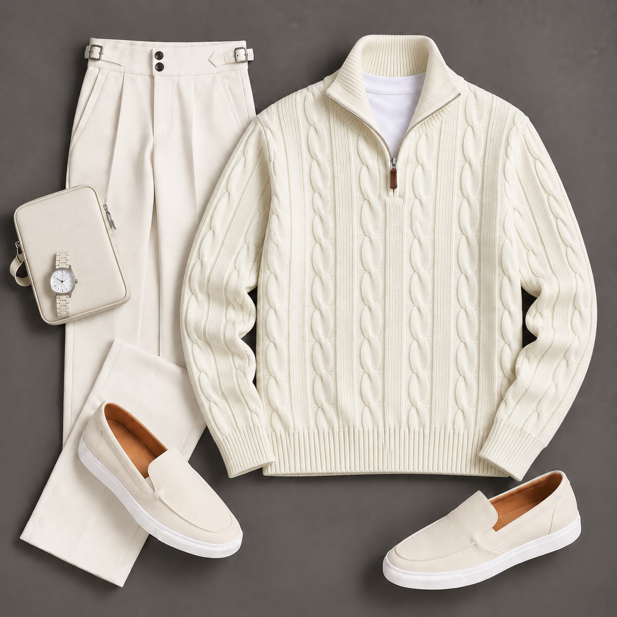 Men's Causal Stand Collar Knit Polo Shirt & Chino Pants Two-Piece Sets
