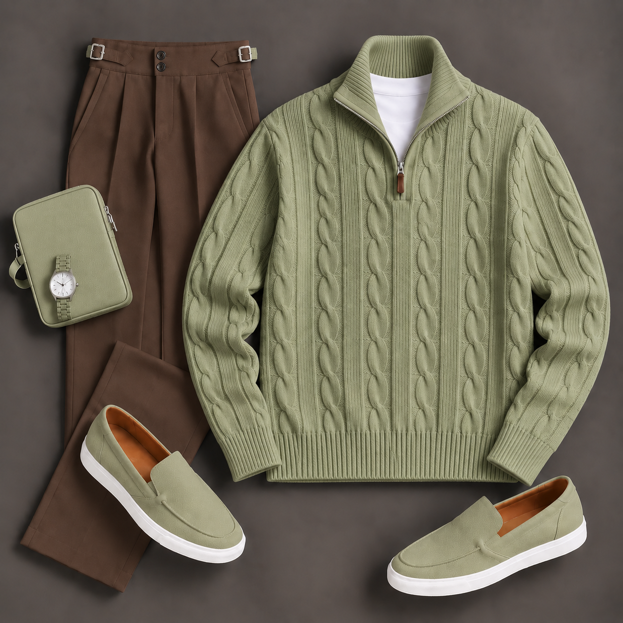 Men's Causal Stand Collar Knit Polo Shirt & Chino Pants Two-Piece Sets