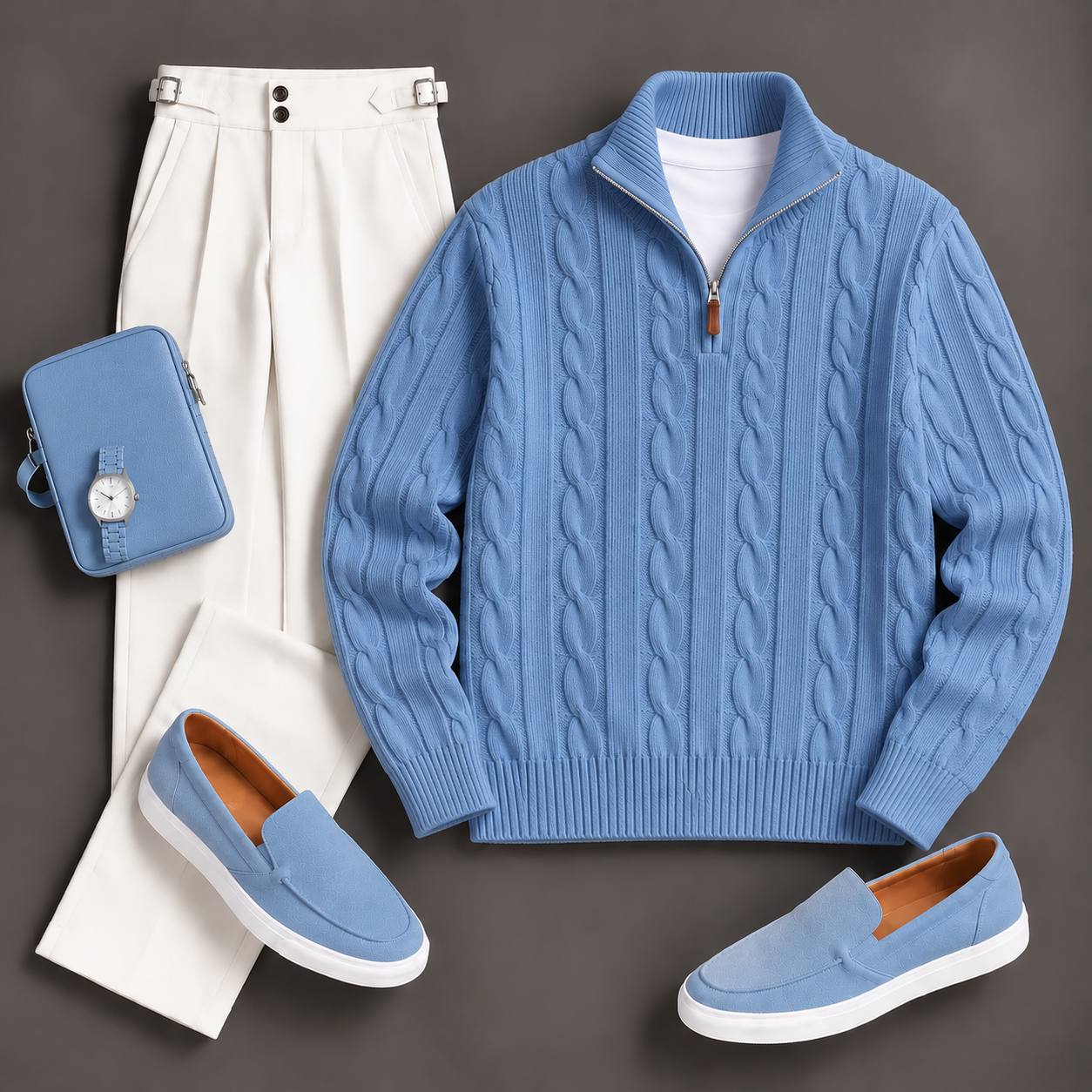 Men's Causal Stand Collar Knit Polo Shirt & Chino Pants Two-Piece Sets