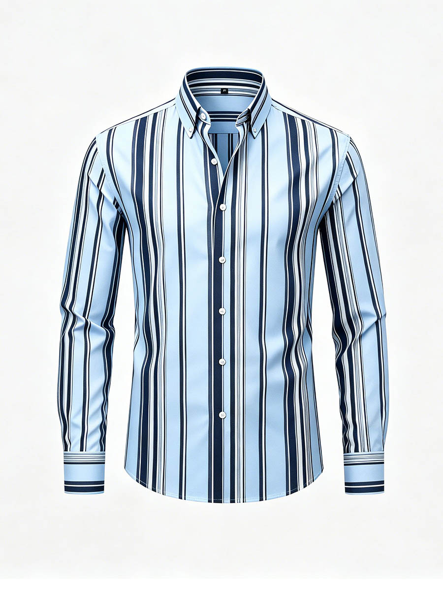 Men's Light Blue & Navy Color Matching Striped Printed Long Sleeve Shirt