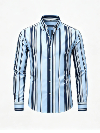 Men's Light Blue & Navy Color Matching Striped Printed Long Sleeve Shirt
