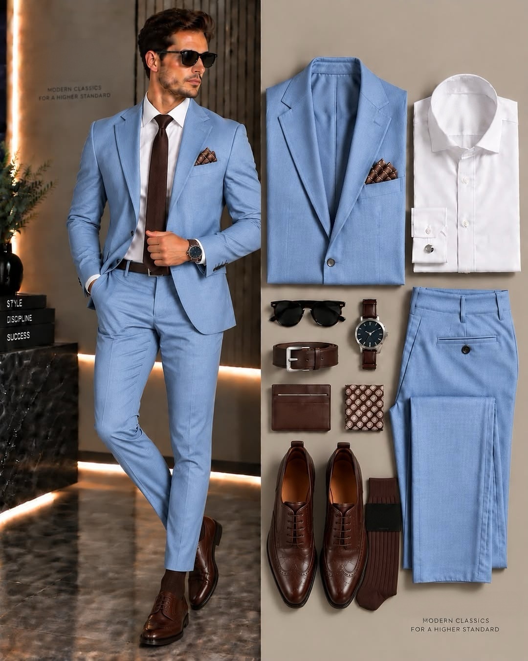Men's Light Blue Suit Jacket, White Dress Shirt & Suit Pants 3-Piece Matching Outfit Set