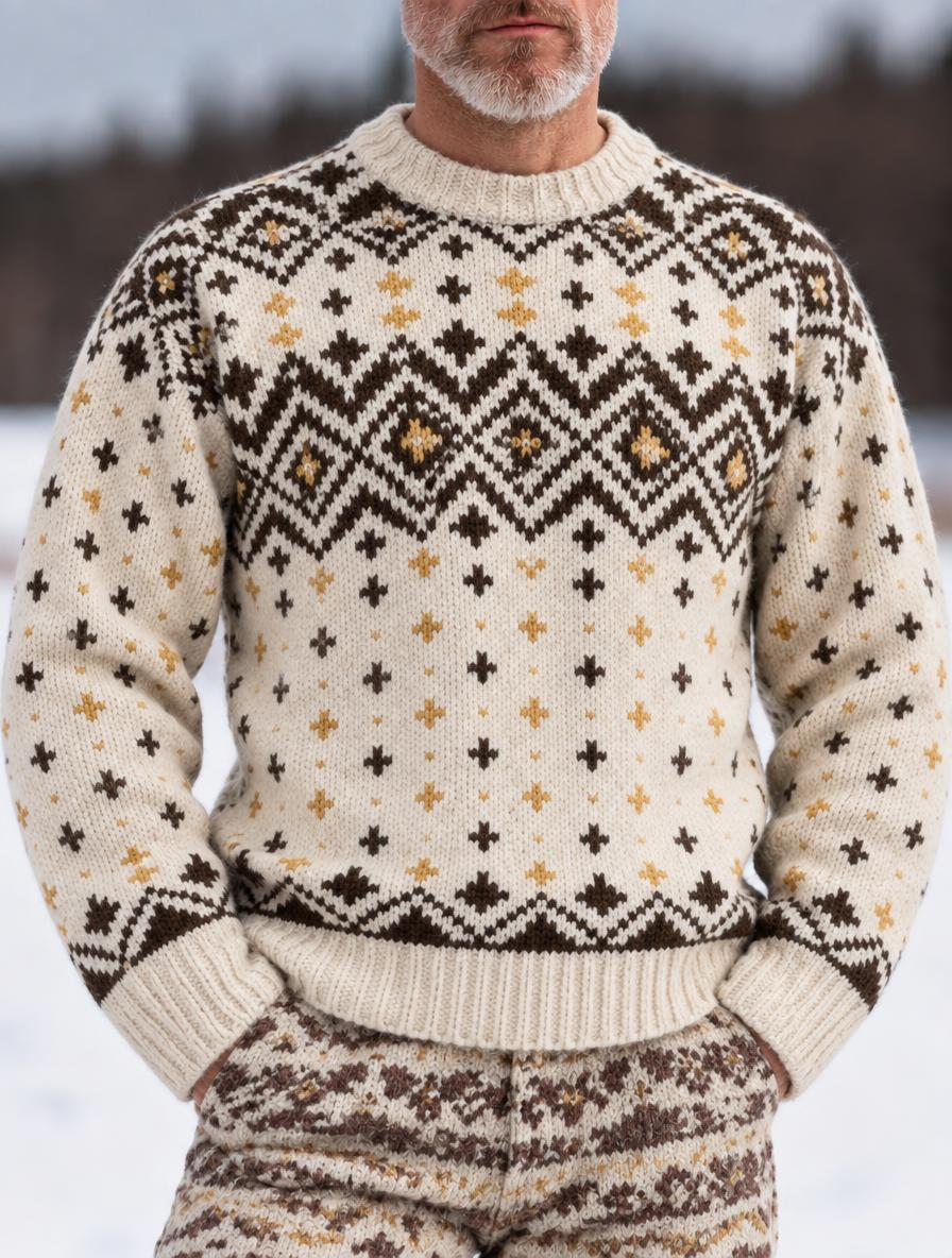Men's Vintage Fair Isle Geometric Diamond Crew Neck Knit Sweater
