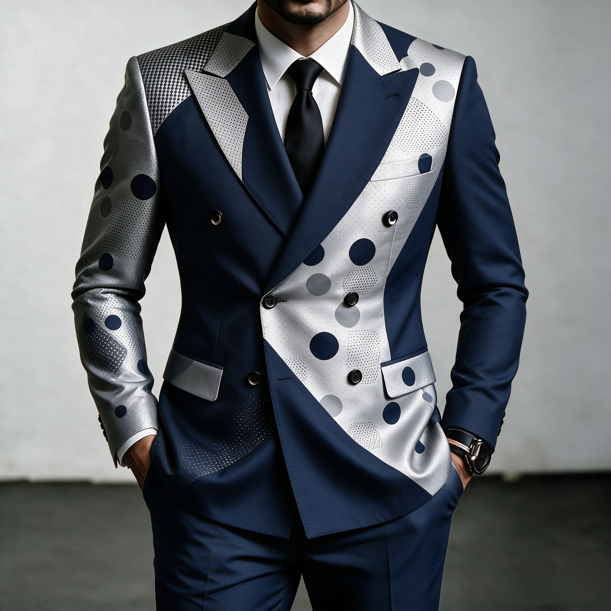 Men's Patchwork Polka Dot Double‑Breasted Blazer Lapel Collar Party Suit Jacket
