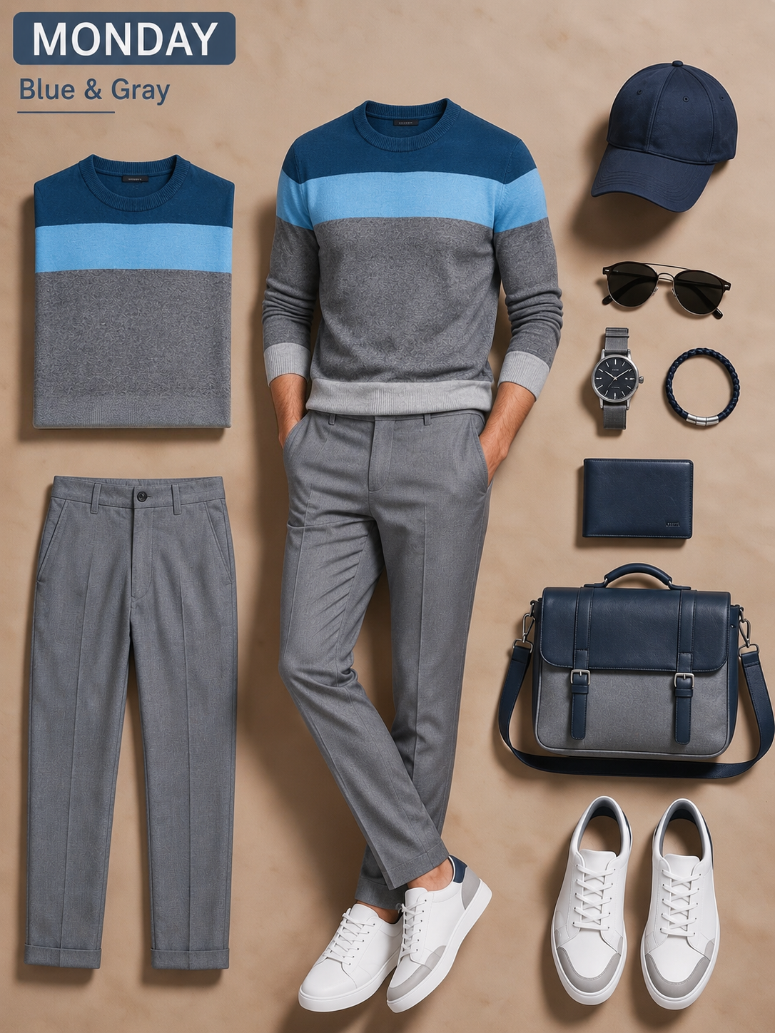 Men's Blue Gray Color‑Block Crew Neck Sweater & Gray Chino Pants 2‑Piece Matching Outfit Set