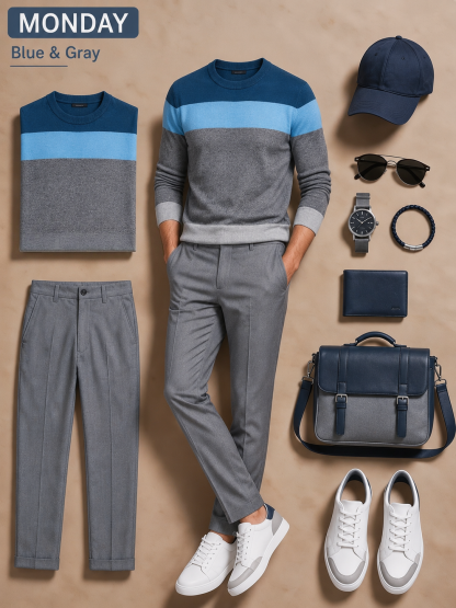 Men's Blue Gray Color‑Block Crew Neck Sweater & Gray Chino Pants 2‑Piece Matching Outfit Set