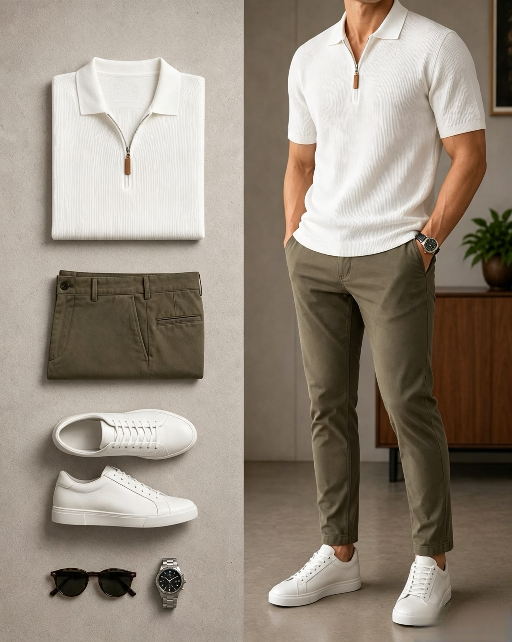 Men's Casual Ribbed Knit Short Sleeved Zipper Polo Shirt & Olive Chino Pants Two-Piece Set
