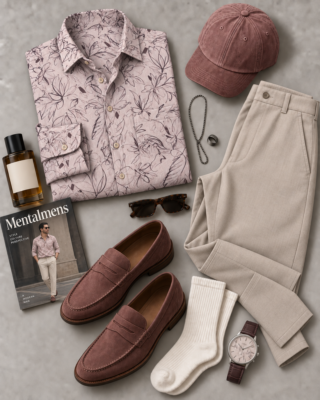 Men's Light Pink Sketch Floral Long Sleeve Button Down Shirt & Beige Straight Leg Chino Pants 2-Piece Matching Outfit Set