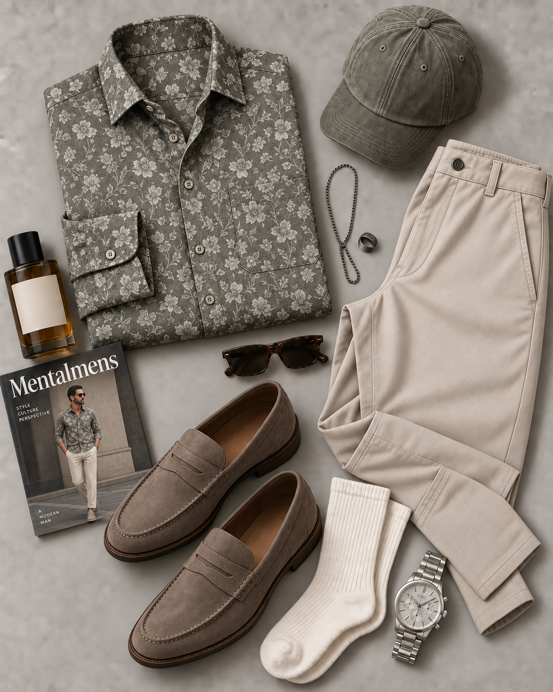 Men's Olive Green Floral Print Long Sleeve Button Down Shirt & Beige Straight Leg Chino Pants 2-Piece Matching Outfit Set