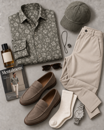 Men's Olive Green Floral Print Long Sleeve Button Down Shirt & Beige Straight Leg Chino Pants 2-Piece Matching Outfit Set