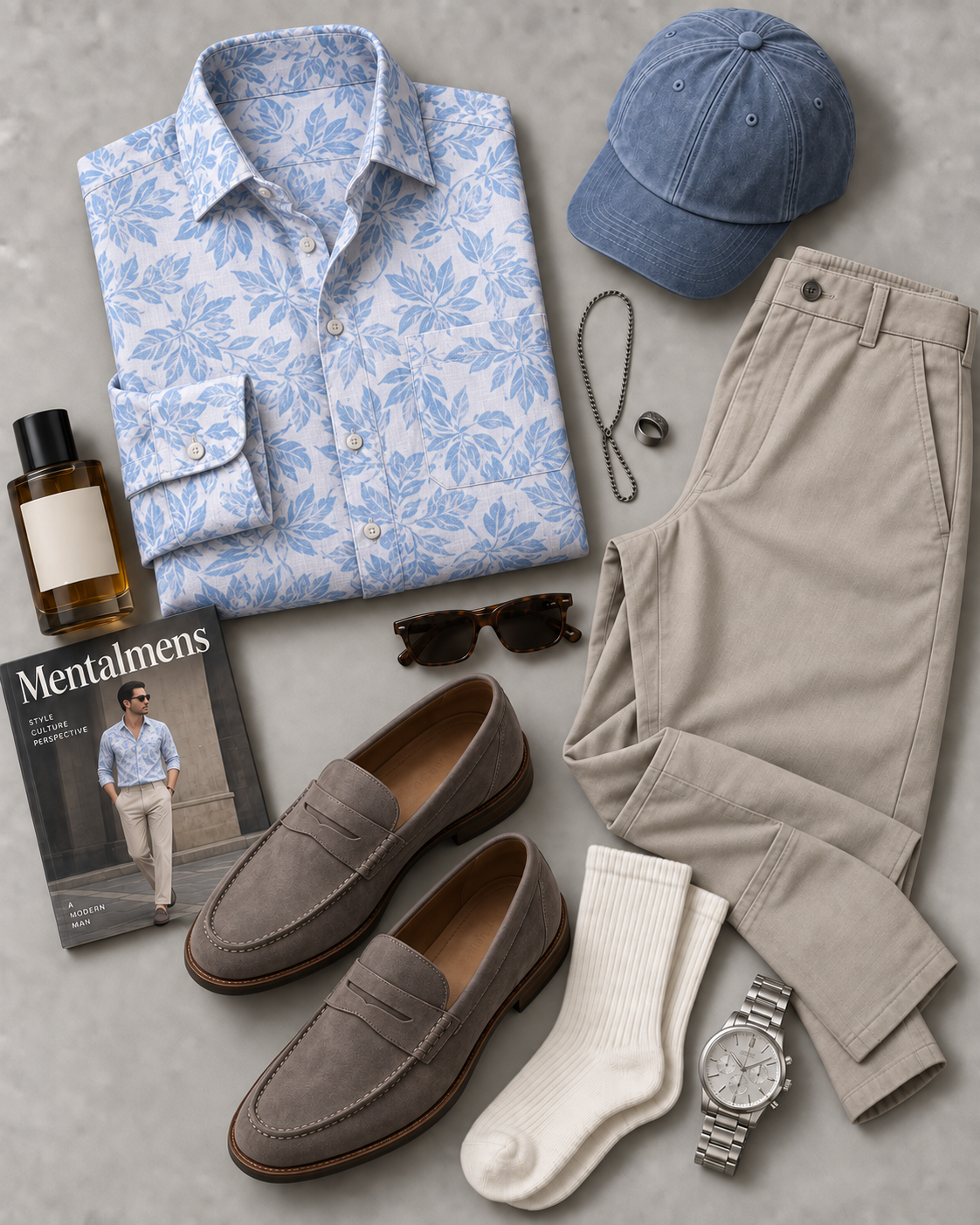 Men's White Base Blue Leaf Print Long Sleeve Button Down Shirt & Light Khaki Straight Leg Chino Pants 2-Piece Matching Outfit Set