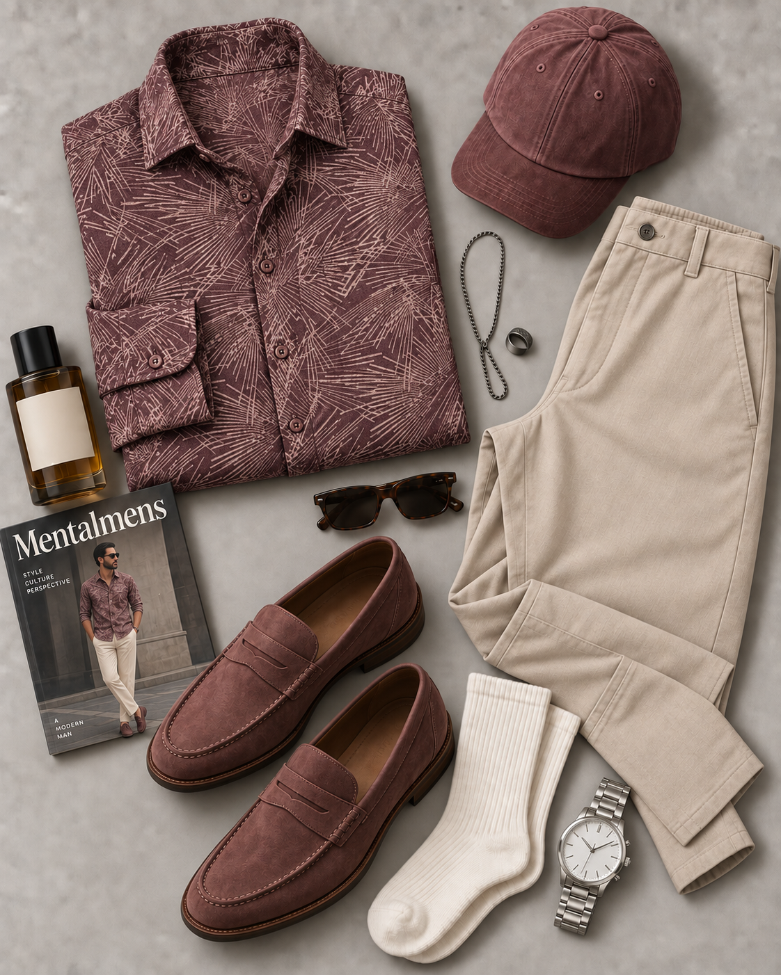 Men's Burgundy Palm Line Print Long Sleeve Button Down Shirt & Beige Straight Leg Chino Pants 2-Piece Matching Outfit Set