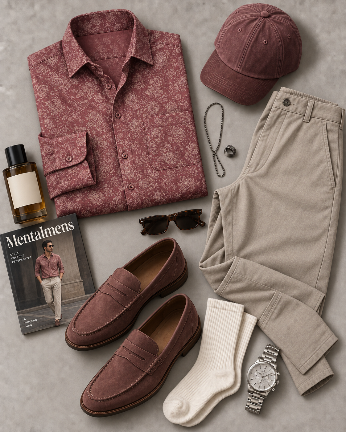 Men's Dusty Red Vintage Floral Long Sleeve Button Down Shirt & Light Khaki Straight Leg Chino Pants 2-Piece Matching Outfit Set