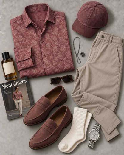 Men's Dusty Red Vintage Floral Long Sleeve Button Down Shirt & Light Khaki Straight Leg Chino Pants 2-Piece Matching Outfit Set