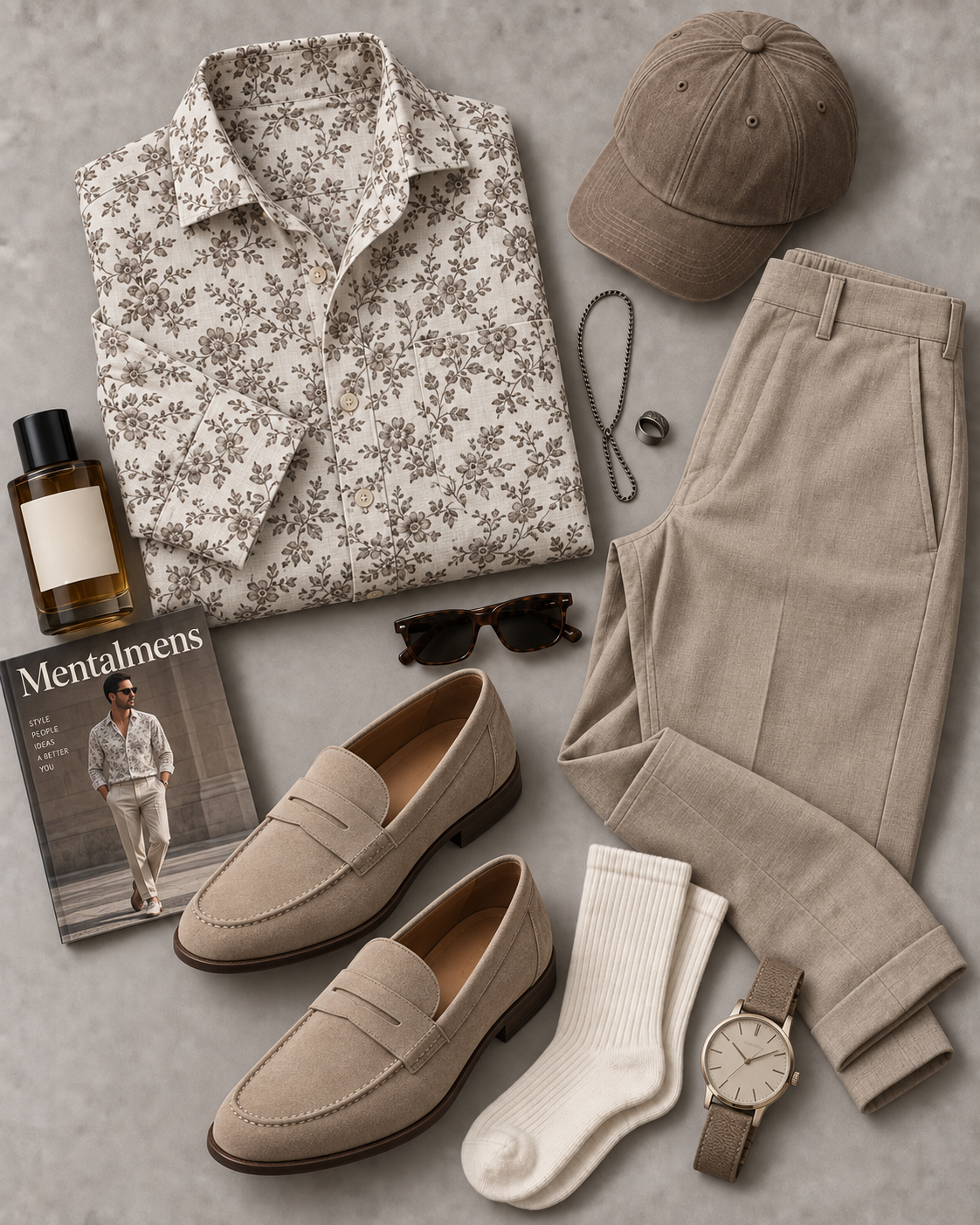 Men's Cream Base Brown Floral Print Long Sleeve Button Down Shirt & Khaki Straight Leg Chino Pants 2-Piece Matching Outfit Set