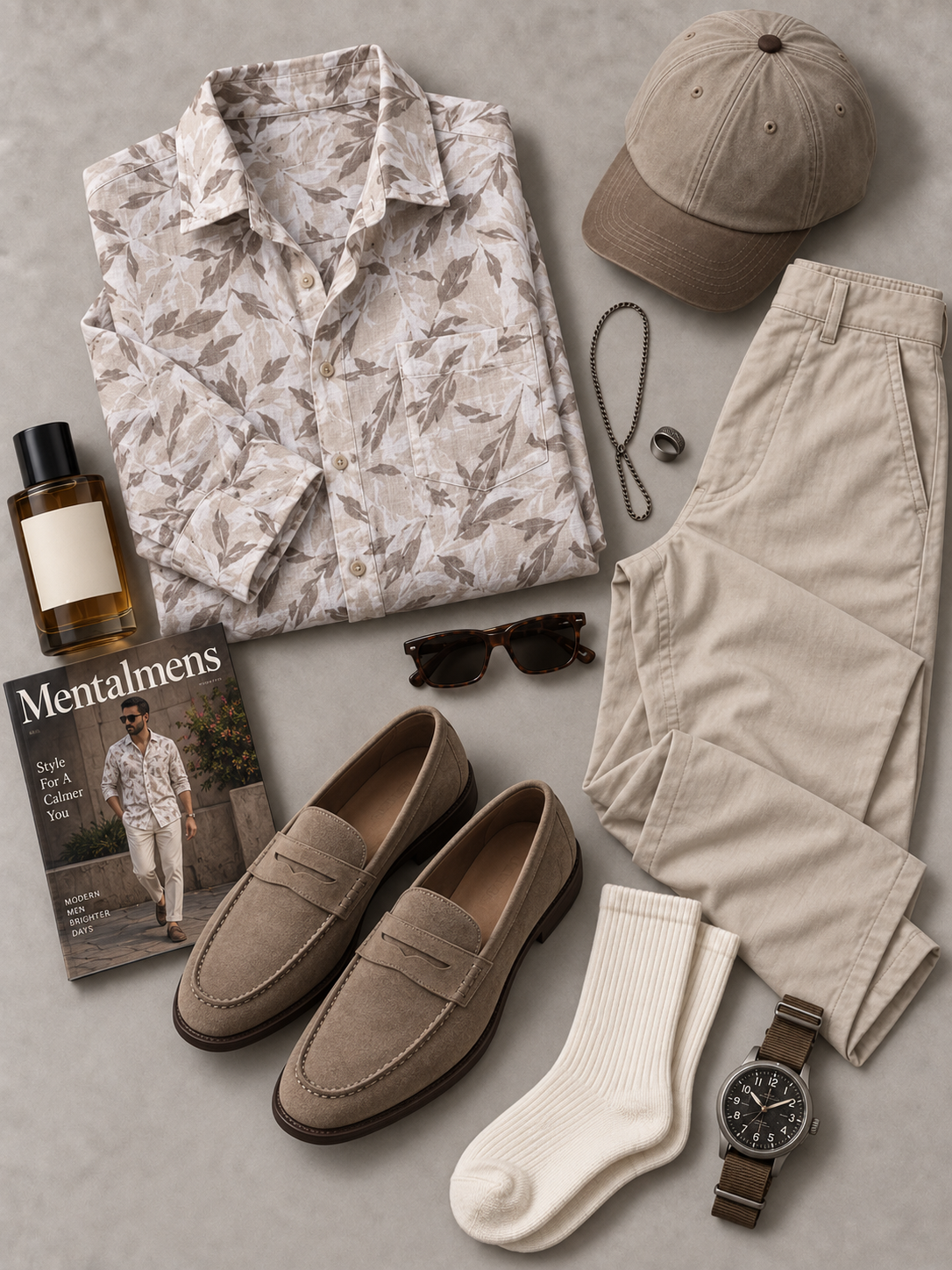 Men's Cream Base Khaki Leaf Print Long Sleeve Button Down Shirt & Off White Straight Leg Chino Pants 2-Piece Matching Outfit Set