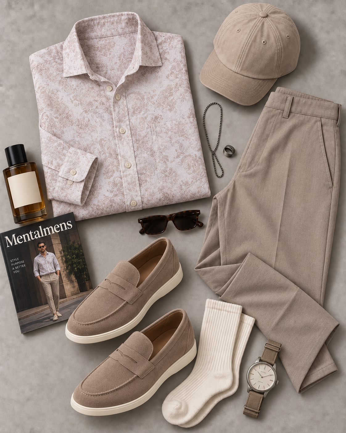 Men's Light Beige Vintage Floral Long Sleeve Button Down Shirt & Taupe Straight Leg Chino Pants 2-Piece Matching Outfit Set