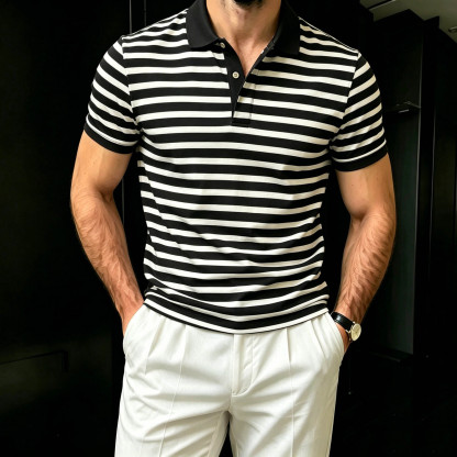 Men's Casual Black & White Color Retro Style Printed Short Sleeves Polo Shirt