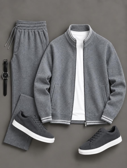 Men's Striped Rib Stand Collar Zip Jacket & Elastic Waist Jogger Pants 2 Piece Outfit Set, Multiple Colors Available