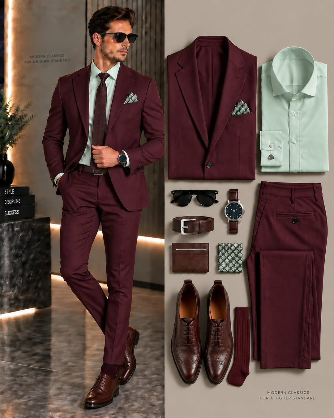 Men's Burgundy Suit Jacket, Light Green Dress Shirt & Suit Pants 3-Piece Matching Outfit Set